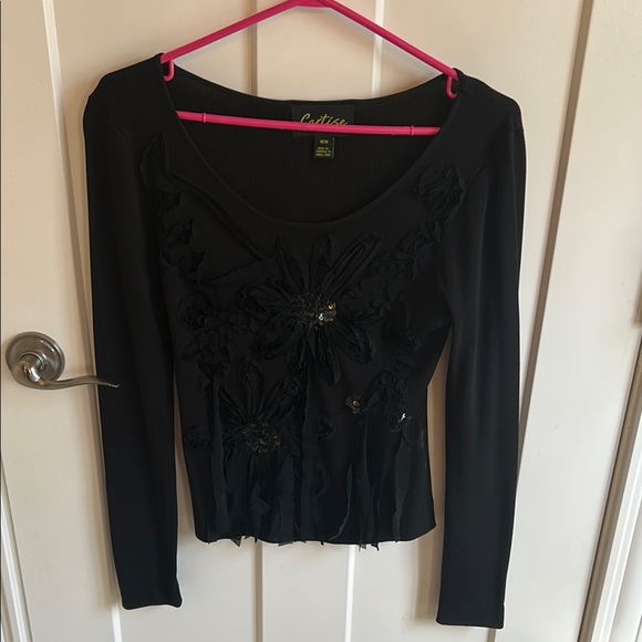 Cartise Statement Black Embellished Floral Sequin Fitted Long Sleeve Top, size M - Picture 3 of 10